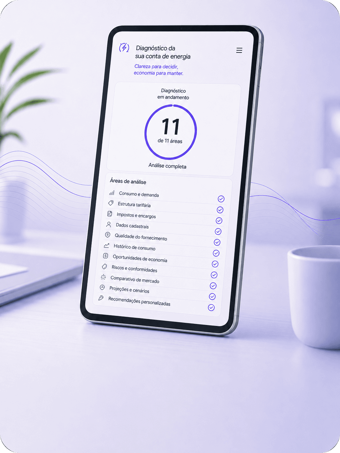 Diagnóstico da conta de energia em tablet